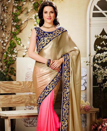 Picture of Captivating Buttercream & Pink Party Wear Saree