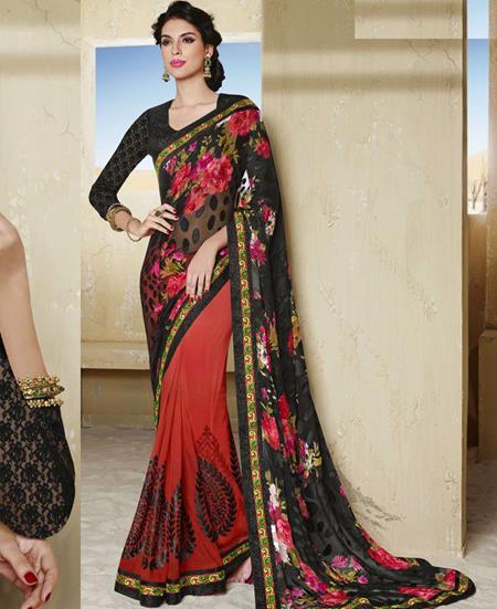 red and black saree!! | Stylish sarees, Indian dresses, Party wear sarees