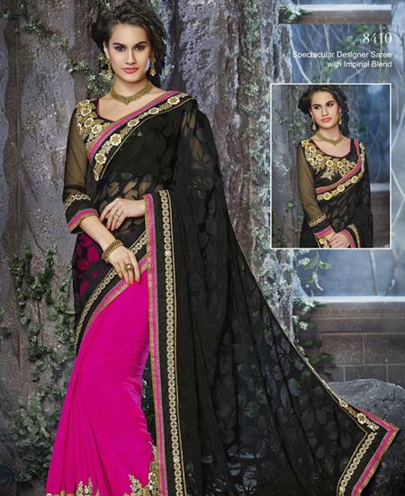 Picture of Lovely Black And Fuchsia Pink Net Saree