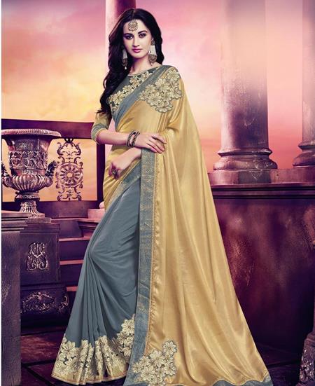 Picture of Lovely Gold & Grey Silk Saree