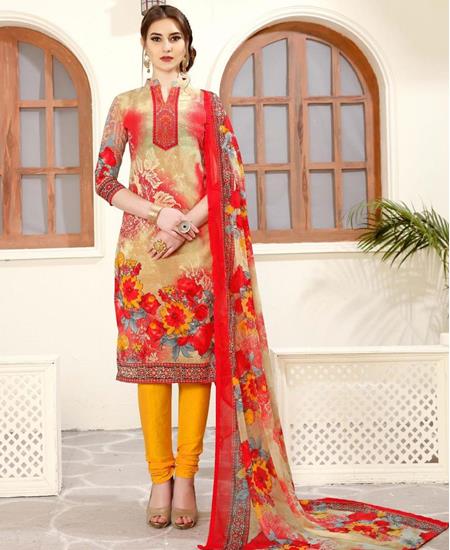 Picture of Bewitching Beige & Red Cotton Salwar Kameez