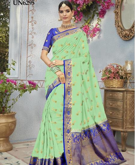 Picture of Splendid Pista Green & Blue Silk Saree