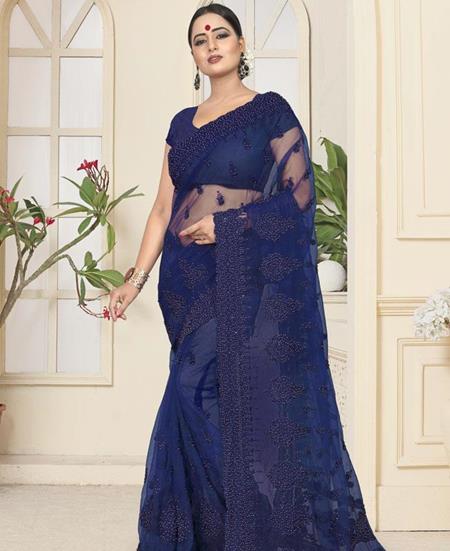 Picture of Superb Royal Blue Net Saree