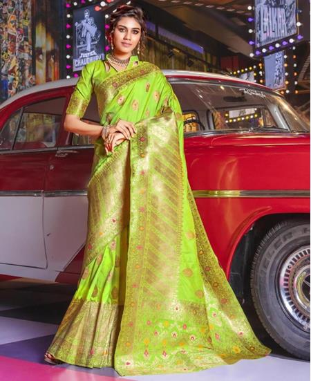 Picture of Lovely Parrot Green Silk Saree