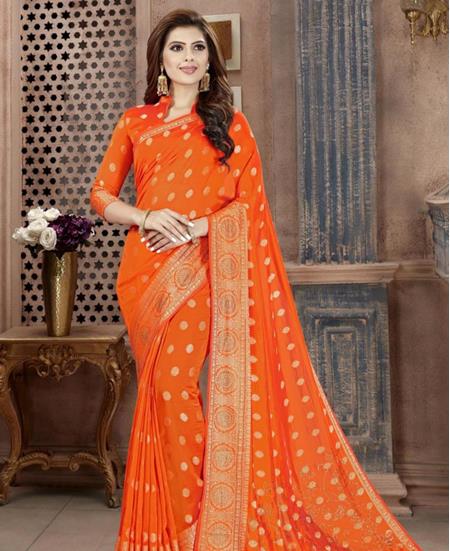 Picture of Alluring Bright Orange Silk Saree
