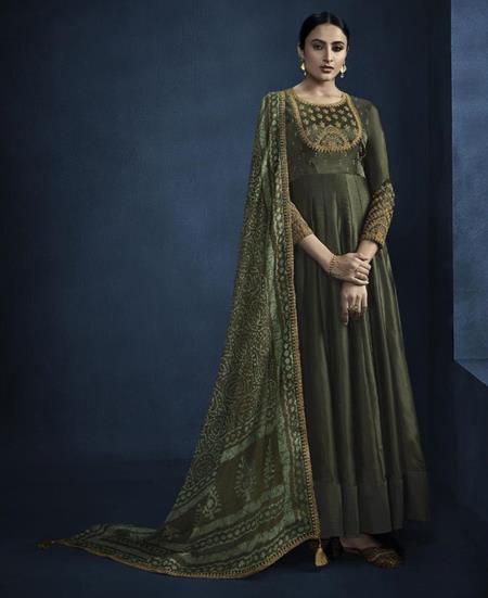 Picture of Comely Khakhi Green Party Wear Salwar Kameez