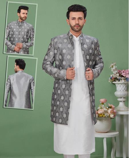 Picture of Well Formed Off White+grey Sherwani