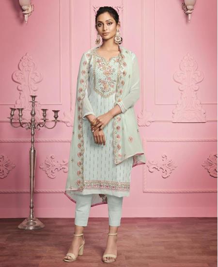 Picture of Exquisite Misty Teal Straight Cut Salwar Kameez