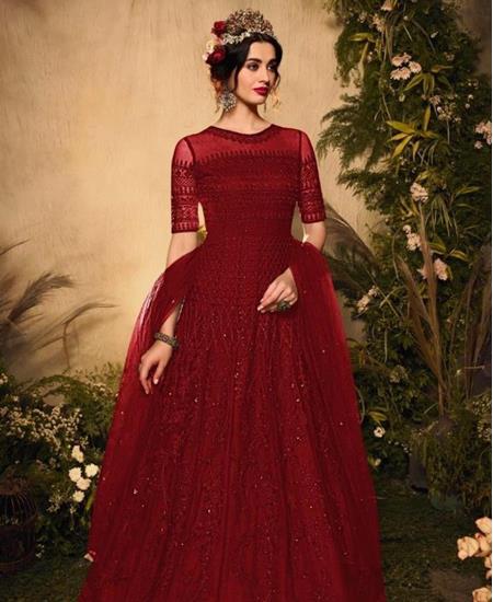 Eid Special Red Color Embroidered Party Wear Fancy Readymade Gown In Net  Fabric Online ES147RT2045135575