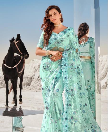 Picture of Magnificent Sky Blue Net Saree