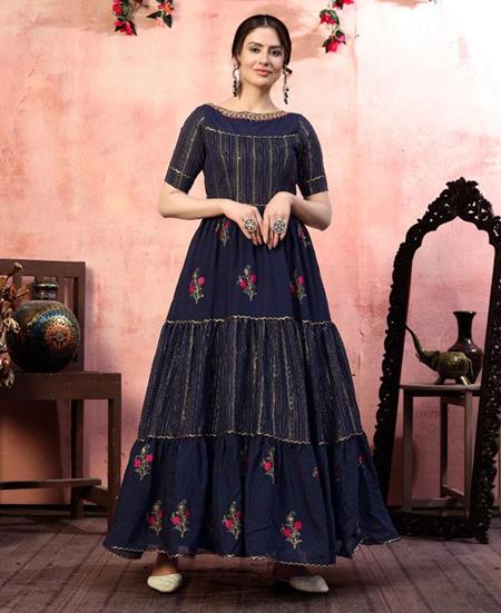 Buy Navy Blue Color Chinon Silk Fabric Party Wear Gown Online - SALV4316 |  Appelle Fashion