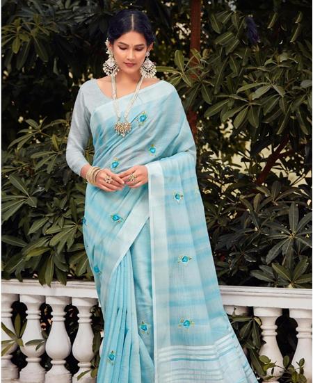Sky Blue Zari Weaving Festive Wear Silk Saree With Contrast Blouse - PreeSmA