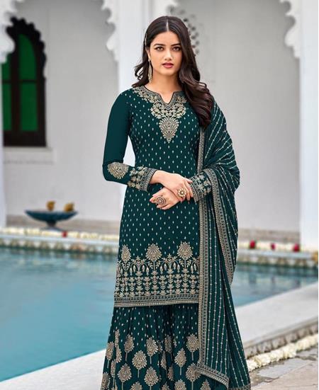 Picture of Admirable Teal Blue Straight Cut Salwar Kameez