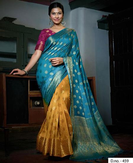 Picture of Fascinating Blue & Mustard Silk Saree