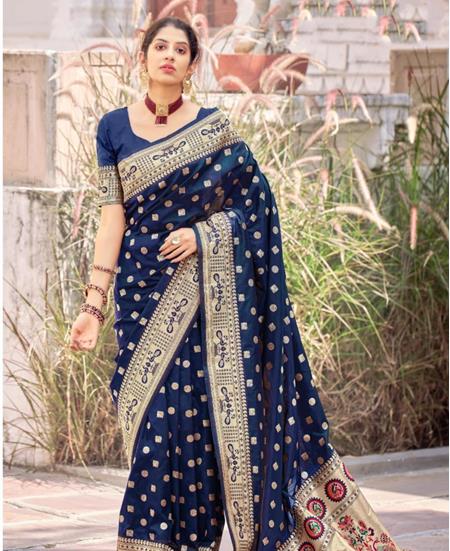 Picture of Excellent Navy Blue Silk Saree