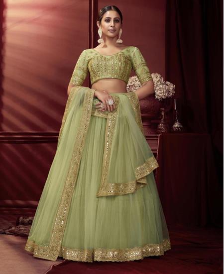 Buy Bridal Wear Pista Green Thread Work Crepe Lehenga Choli Online From  Surat Wholesale Shop.