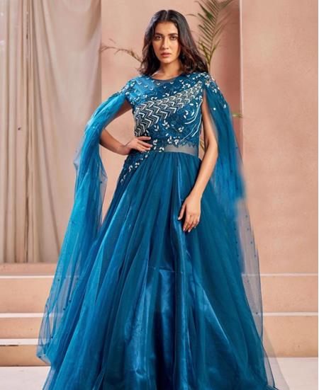 Picture of Pleasing Teal Blue Readymade Gown