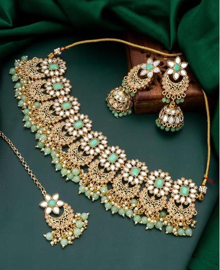 Buy Zaveri Pearls Green Multistrand Kundan Choker Necklace Earring & Ring  Set-ZPFK15195 Online