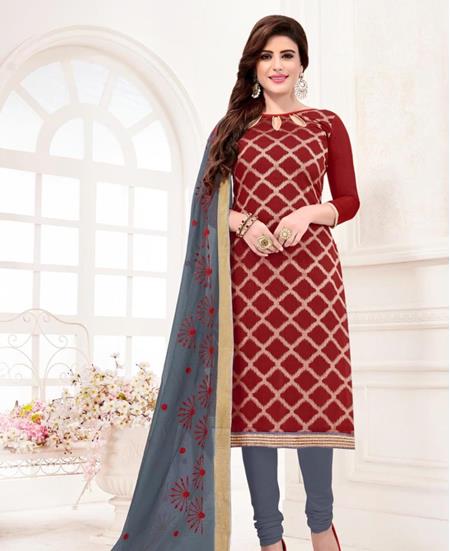 Picture of Well Formed Maroon Cotton Salwar Kameez