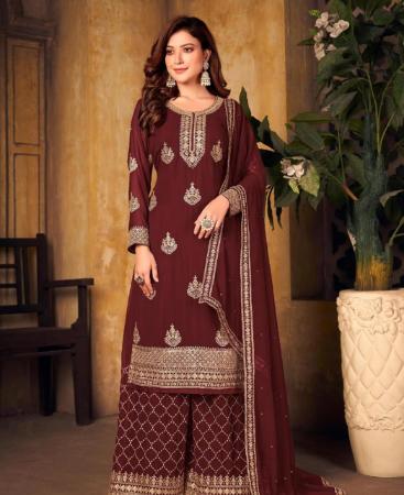 Picture of Comely Maroon Georgette Saree