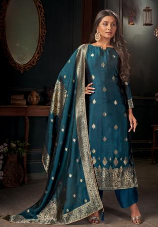 Picture of Silk Prussian Blue Straight Cut Salwar Kameez