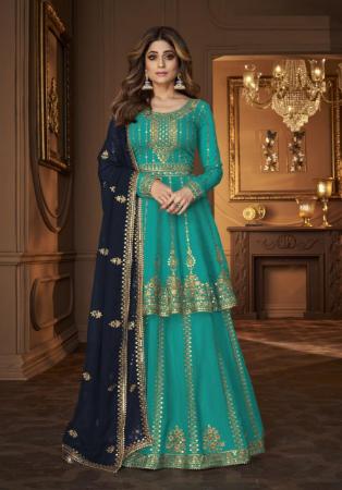 Picture of Georgette Turquoise Straight Cut Salwar Kameez