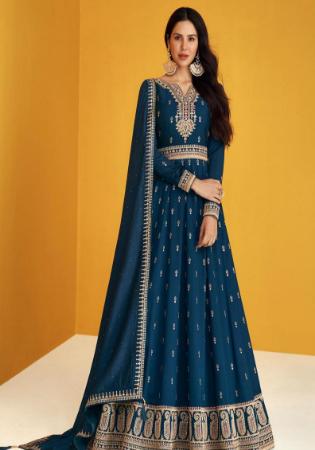 Picture of Pleasing Silk Prussian Blue Anarkali Salwar Kameez