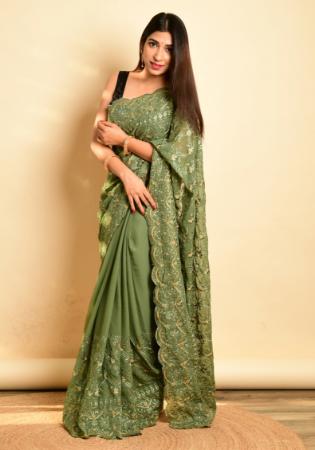 Picture of Ideal Georgette Dark Olive Green Saree