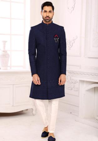 Picture of Well Formed Silk Navy Blue Indo Western