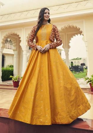 Soft Premium Net Functional Wear Gown In Gold With Resham Zari Work -  Functional Gown - Gown