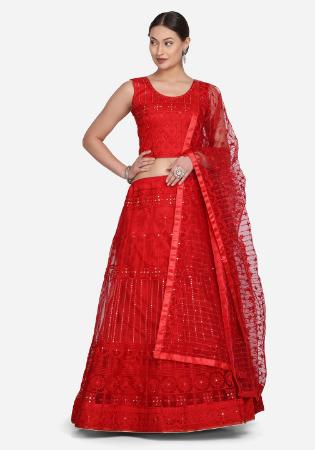 Picture of Alluring Net & Silk Indian Red Lehenga Choli