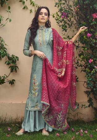 Picture of Beautiful Silk Slate Grey Straight Cut Salwar Kameez