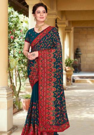 Picture of Shapely Georgette Teal Saree