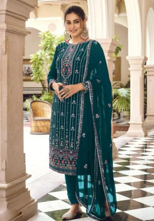 Picture of Well Formed Georgette Teal Straight Cut Salwar Kameez