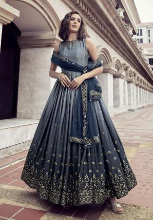 Picture of Crepe & Silk Dark Slate Grey Party Wear Gown
