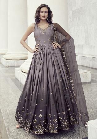 Buy Peach Banana Crepe And Nylon Net Embroidery Plunged Layered Gown For  Women by S & V Designs Online at Aza Fashions.