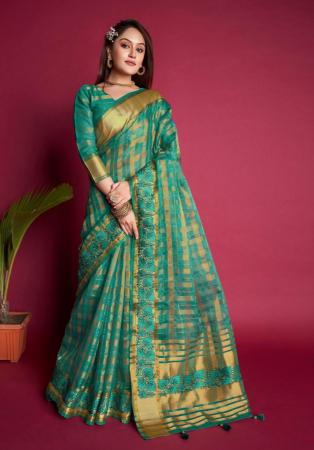 Picture of Excellent Silk & Organza Forest Green Saree