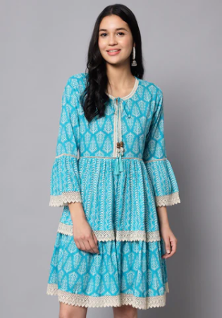 Picture of Stunning Cotton Sky Blue Western Dress