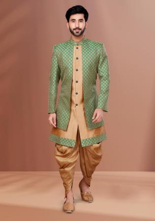Picture of Stunning Satin & Silk Tan & Dark Khaki Indo Western
