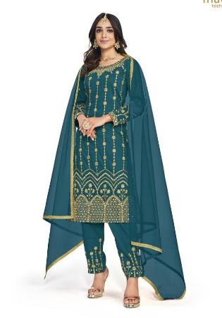Picture of Lovely Silk Teal Straight Cut Salwar Kameez