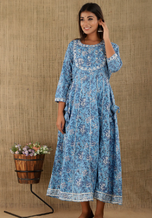 Picture of Gorgeous Cotton Steel Blue Readymade Gown