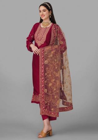 Picture of Shapely Silk Maroon Straight Cut Salwar Kameez