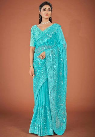 Picture of Bewitching Georgette Turquoise Saree