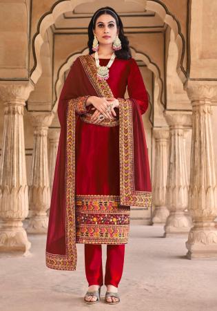 Picture of Sightly Satin Maroon Straight Cut Salwar Kameez