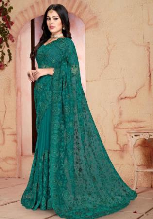 Picture of Well Formed Net Sea Green Saree