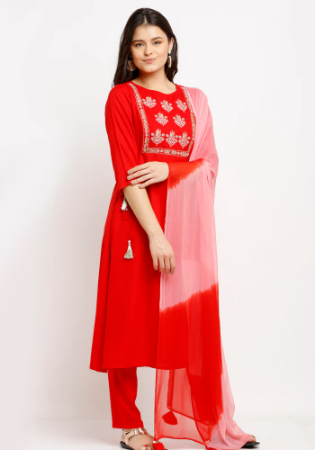 Picture of Fascinating Rayon & Cotton Red Readymade Salwar Kameez