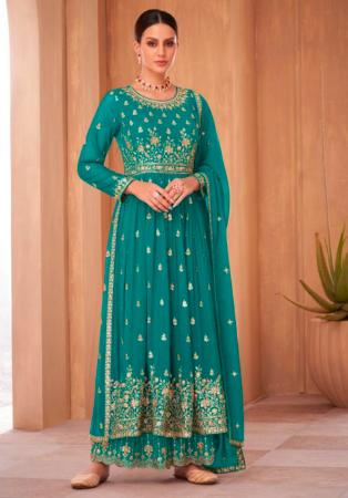 Picture of Comely Georgette Teal Straight Cut Salwar Kameez