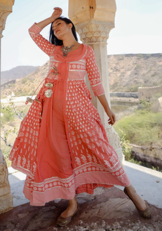 Picture of Stunning Rayon & Cotton Indian Red Readymade Gown
