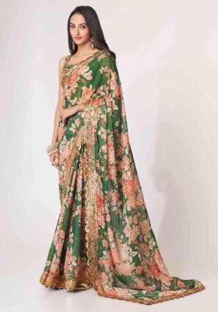 Picture of Lovely Organza Dark Olive Green Saree
