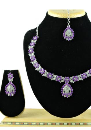 Silver Necklace Set Clear Purple Stones ( 14029 PU ) – Ohmyjewelry.com